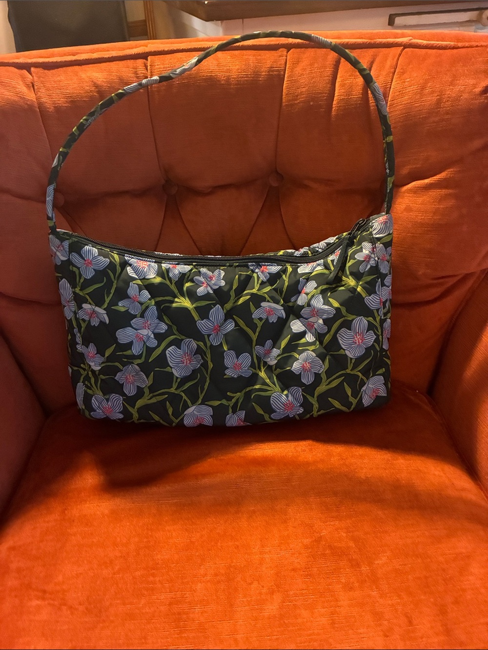 Vera Bradley Ultralight Quilted Shoulder Bag with Green Vines and Pink Flowers